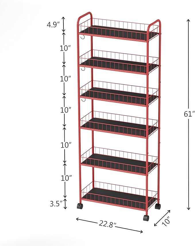 6 Tier Slim Storage Cart with Wheels Metal Rolling Organizer Utility Cart Narrow Mobile Shelving Unit Tiered Storage Shelf on Wheels for Kitchen Bathroom (Red, 10")