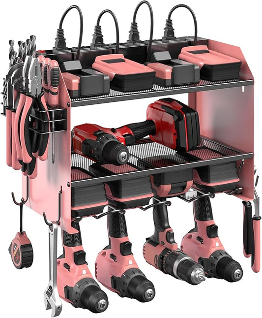 CCCEI Modular Power Tool Organizer Wall Mount with Charging Station. Garage 4 Drill Storage Shelf with Hooks, Drill Bit Heavy Duty Rack, Pink Tool Battery Holder Built in 8 Outlet Power Strip.-NeatNest