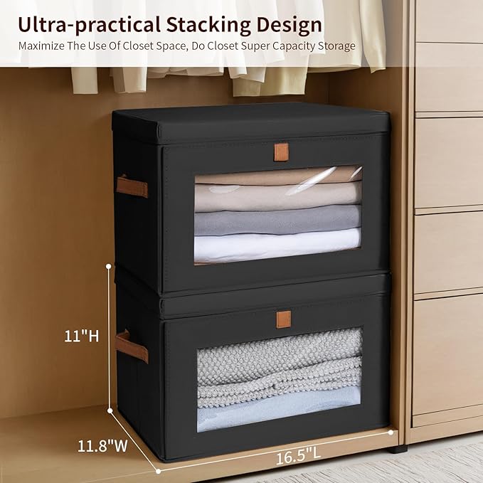 Collapsible Storage Bins - Large Stackable Organizer Bins, Decorative Boxes with Handles & Window, Fabric Containers for Living Room, Closet, Dorm, 4 Pack, Black-NeatNest