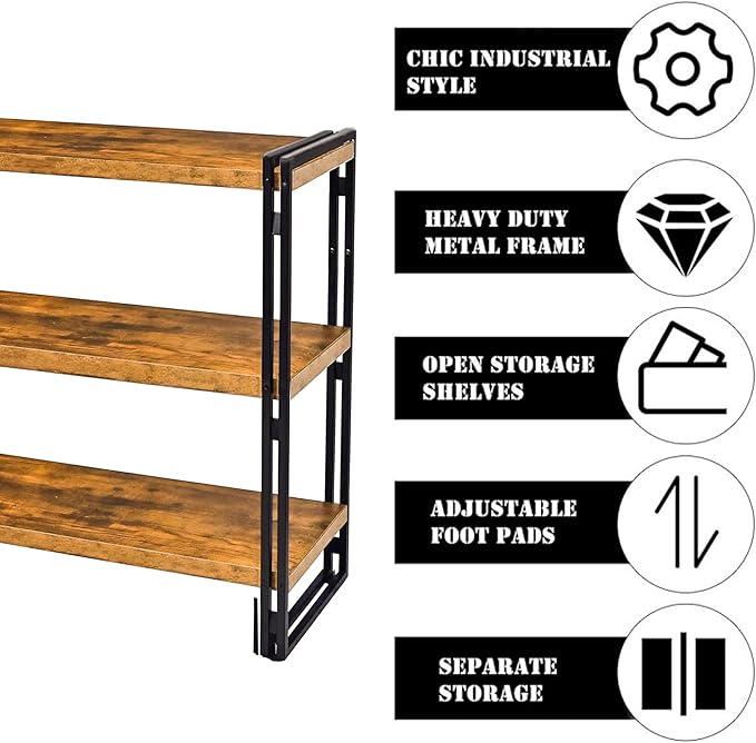 47" 3-Tier Bookshelf Rustic Wood and Metal Industrial Bookshelf for Home Office, Bedroom, Kitchen, Bathroom (Rustic Brown, 3-Tier)-NeatNest