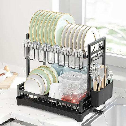 2-Tier Dish Drying Rack Dish Drainer Dish/Cup/Cutting Board Cutlery Holder Dish Drainer Rack Multifunctional Storage Rack w/Drainboard & 360° Telescopic Drain Pipe for Kitchen (Black)