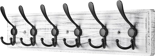 Coat Rack Wall Mount, Wooden Heavy Duty Coat Rack for Wall,6 Triple Coat Hanger Hooks for Hanging Coats,Jacket,Hat,Clothes (Grey White, 6 Hooks)-NeatNest
