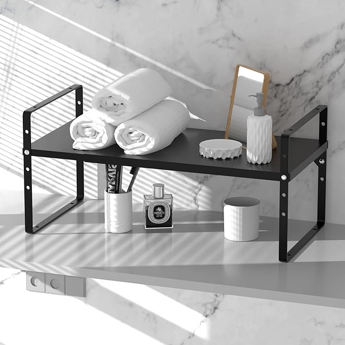 Expandable Kitchen Cabinet Shelf Organizers, Stackable Metal Pantry Storage Shelves Rack, Adjustable Counter Spice Shelf for Cabinets, Countertop, Cupboard Organizers and Storage, Black-NeatNest