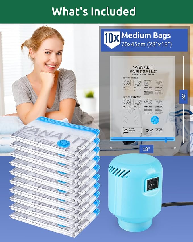 Vacuum Storage Bags with Electric Pump, 10 Pack Medium Size（28"x 18"） Reusable Compression Space Saving Bag for Clothes, Bedding, Mattress, Blankets, Pillows, Comforters, Travel-NeatNest