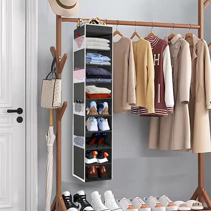 2 Pack Large-Sized Hanging Shoe Organizer 10-Shelf, Sturdy Hanging Closet Organizer with 8 Side Pockets, Wider Hanging Shelves for Storage Shoes Clothes Jeans Shirts Toys, Black-NeatNest