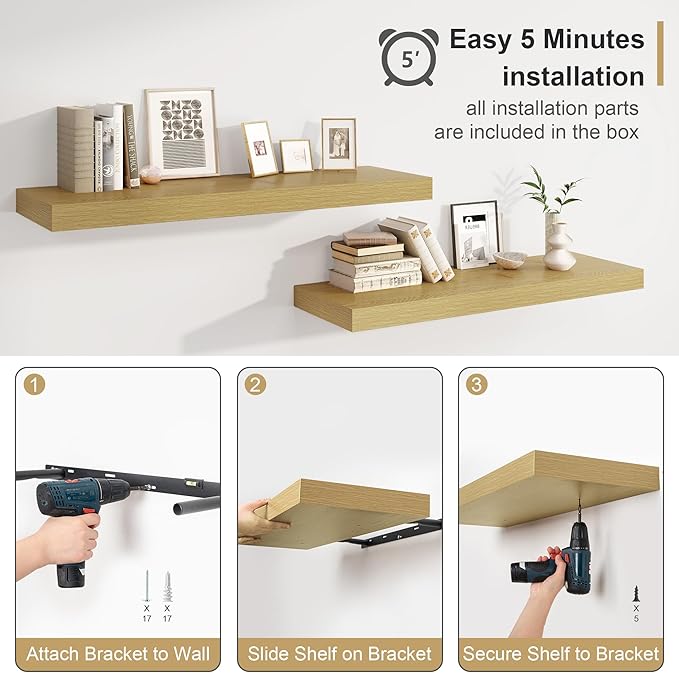 Heimlove Bathroom 12'' Deep Floating Shelves for Wall - Shelf Over Toilet Wall Mounted Farmhouse 24 inches,Rustic Wood Wall Shelves Decor & Storage Set of 1 Oak-NeatNest