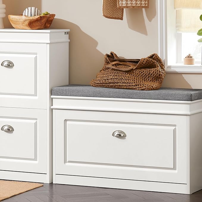 Haotian Shoe Storage Bench with Cushion, White Narrow Shoe Rack for Entryway, Small Shoe Cabinet with 2 Tiers Flip-Drawer, Closet Hallway Mudroom FSR82-L-W-NeatNest