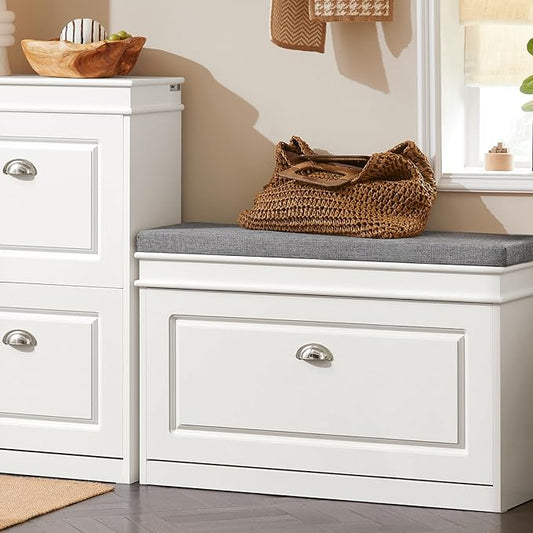 Haotian Shoe Storage Bench with Cushion, White Narrow Shoe Rack for Entryway, Small Shoe Cabinet with 2 Tiers Flip-Drawer, Closet Hallway Mudroom FSR82-L-W-NeatNest