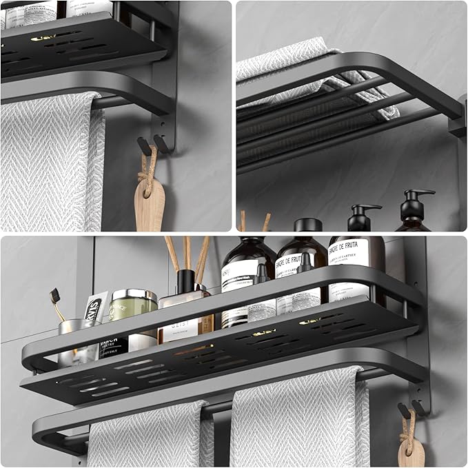 22.8Inch Towel Rack for Bathroom and Lavatory Towel Hanger with Wall Mount Towel Bars 304 Stainless Steel No Drill (Collapsible Black Towel Rack with Bathroom Organize Shower Shelves)