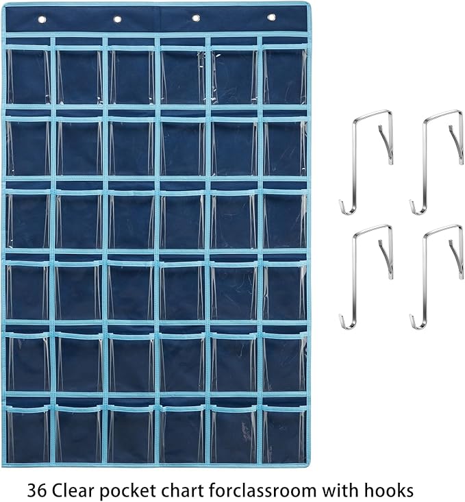 36 Clear Pockets Classroom Pocket Chart for Cell Phone and Calculator Holder, Door Hanging Pocket Chart for Classroom Phone Holder with Number Sticker and Hooks (Blue)-NeatNest