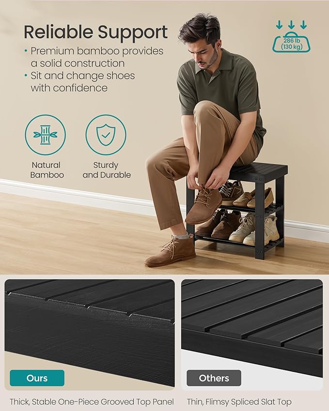 SONGMICS Shoe Rack Bench, 3-Tier Bamboo Shoe Storage Organizer, Entryway Bench, Holds Up to 286 lb, 11.3 x 19.7 x 17.8 Inches, for Entryway Bathroom Bedroom, Ink Black ULBS001B01-NeatNest