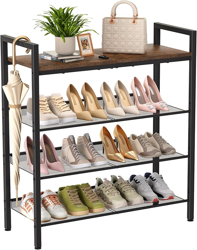 Shoe Rack for Front Door Entrance, 4 Tier Shoe Rack for Entryway, 12-16 Pairs of Shoes, Metal Shoe Rack Organizer, Free Standing Shoe Rack for Closet (Black+Rustic Brown)-NeatNest
