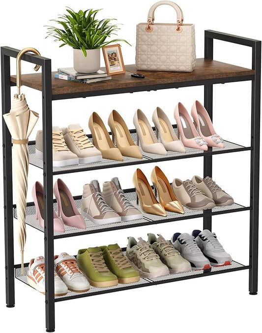 Shoe Rack for Front Door Entrance, 4 Tier Shoe Rack for Entryway, 12-16 Pairs of Shoes, Metal Shoe Rack Organizer, Free Standing Shoe Rack for Closet (Black+Rustic Brown)-NeatNest