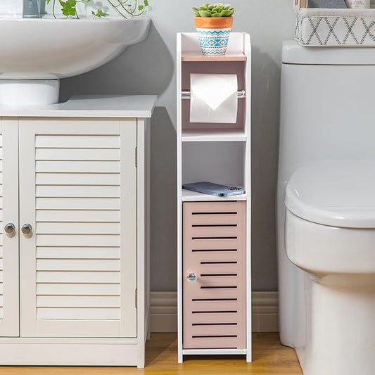 AOJEZOR Toilet Paper Holder Stand: Small Bathroom Storage Cabinet - Pinkish Rose - White-NeatNest