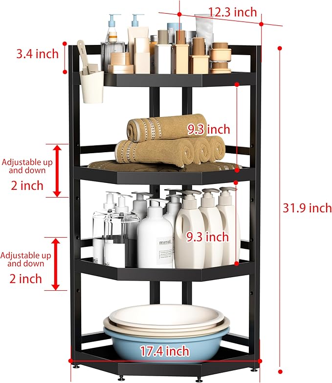 4 Tier Standing Corner Shower Caddy,Waterproof and Rust Proof,Adjustable Height,Multi-functional Tiered Storage for Shower Gel,Shampoo,Cosmetics,Kitchen Supplies,Black