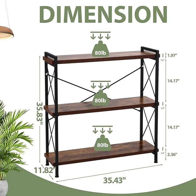 3 Tier Bookshelf 35.43" Width, Rustic Open 3 Shelf Short Bookcase with Metal Frame, Industrial Book Shelf for Home Office Bedroom Living Room (Rustic Brown)