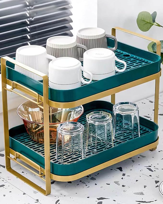 Cup Drying Rack Stand 2 Tier Organizer Countertop Station Shelf Strong Carbon Steel Multi-Functional Storage Organizer for Home Office Kitchen Coffee Cups, Mugs, Glass Cups Etc Green-NeatNest