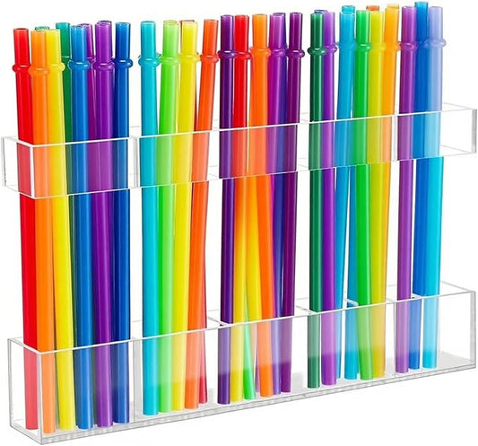 9.8” Acrylic Straw Holder with Double Sided Adhesive Tape Reusable Tumbler Straw Organizer Storage Container for Counter Cabinet Cupboard Kitchen(Large)