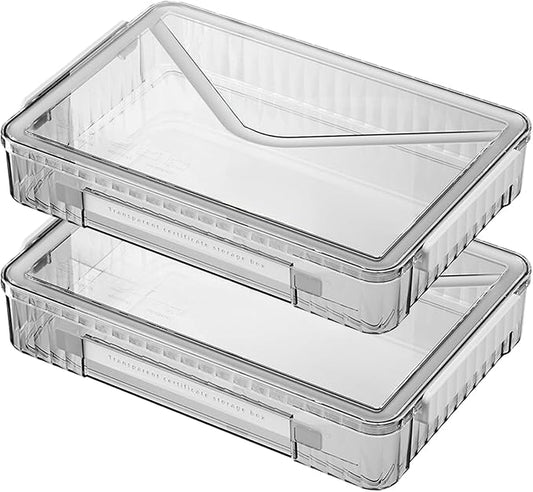 2 Pack Clear Plastic File Boxes w/Latching Lids, Stackable A4 Storage (‎White Latches, Large)