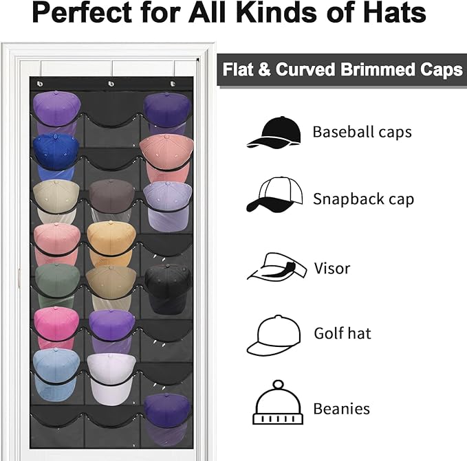Hat Rack for Baseball Caps, 24 Pocket Over the Door Hat Organizer with 3 Hooks, Hat Holder for Door with Large Clear Pockets, Hat Storage to Protect and Display, Black - 1 Pack-NeatNest