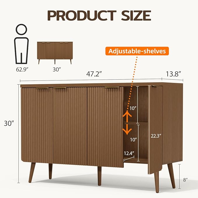 47.2" Sideboard Buffet Cabinet with Storage, Modern Fluted Accent Credenza with 4 Doors, Buffet Media Console Entryway Cabinets with Adjustable Shelves for Living Dining Room Hallway, Walnut-NeatNest