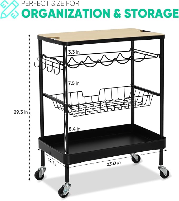 4 Tier Rolling Cart Metal, Easy Install Bar Cart, Heavy Duty, Lockable Wheels for Kitchen, Living Room, Microwave, Black