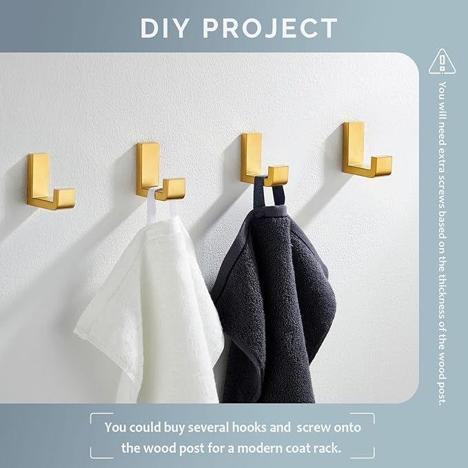 Angle Simple Towel Hook Brushed Gold 2 Pack, 304 Stainless Steel Robe Hook for Bathroom