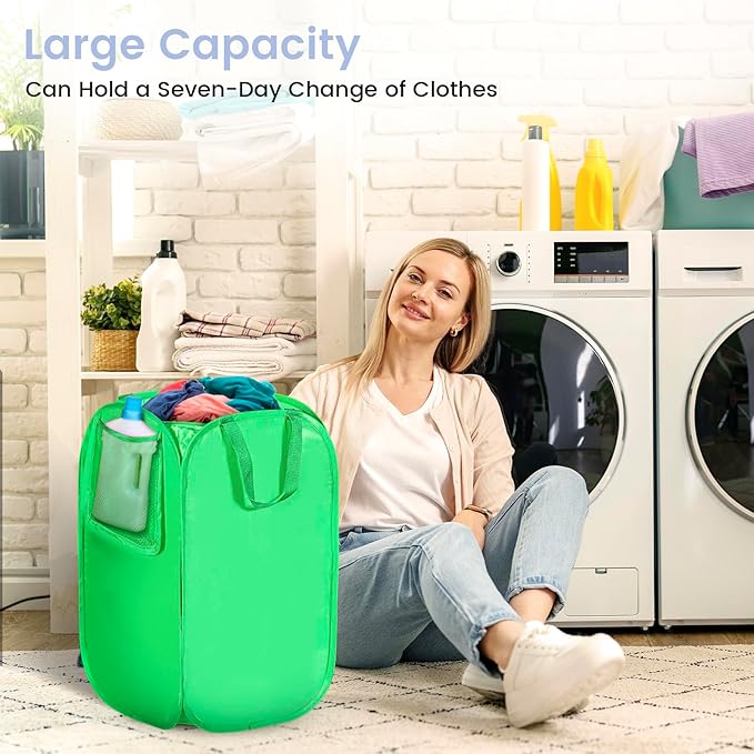 HOUSE AGAIN Upgraded Pop-up Laundry Hamper 2 Pack, Collapsible Laundry Basket with Durable Handles Solid Bottom High Steel Frame, Portable Foldable Dirty Clothes for Dorm, Laundry room Travel, Green-NeatNest