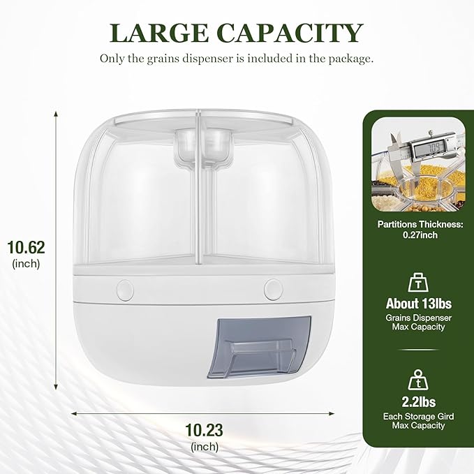 360° Rotating Grains Dispenser, 6 Grids Dry Food Dispenser, Round Multigrain Tank Cup Dry Rice Container with Sealed Lid, Grains Cans Grain Storage Tank for Home Kitchen, Can Hold 13lbs, White-NeatNest