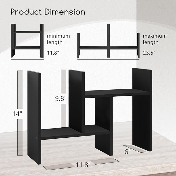 Jerry & Maggie Desktop Organizer Office Storage Rack Adjustable Wood Display Shelf Free Style Double H, Multi-Functional Mini Bookshelf for Desk Natural Stand (Black)-NeatNest