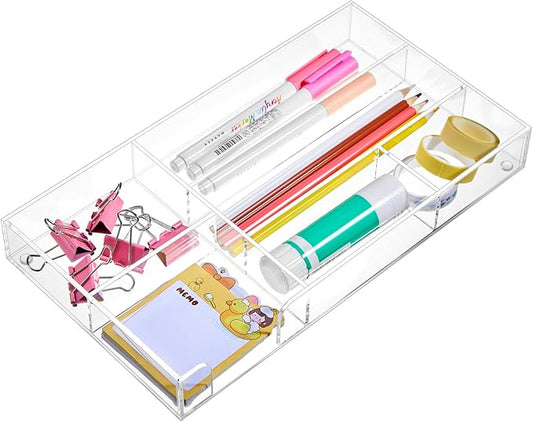 Acrylic Clear Desk Drawer Organizer 6 Section 11 x 6.1 x 1.38 Inch Storage Tray Organizer for Pens, Stationery, Desktop, Office, Bathroom, Kitchen, Makeup Supplies