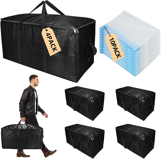 Extra Large Storage Bags Set Heavy Duty Moving Totes with Handles & Clear Tag Pocket, Waterproof Dual-Way Carrying Design College Moving Supplie, (Black, 14 Park-4 Moving bag & 10 Vacuum Seal Bags)
