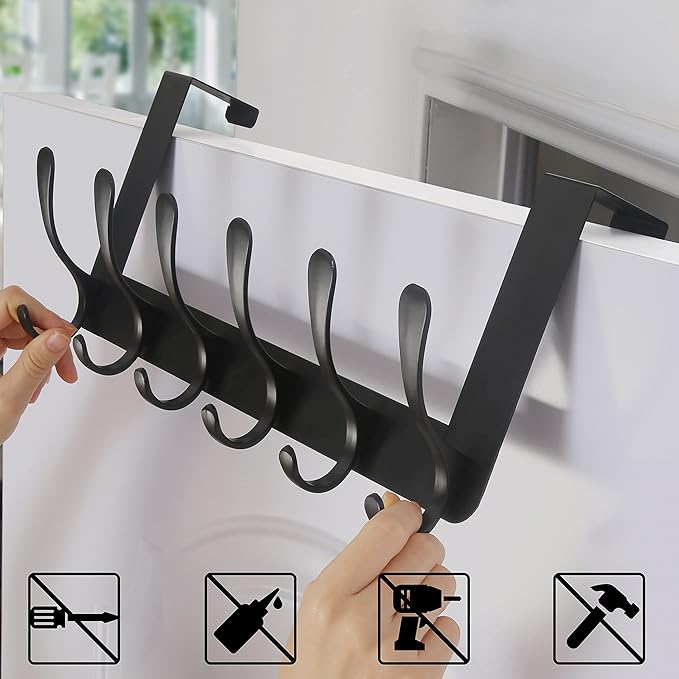 SKOLOO Over The Door Hooks - for Doors up to 4.5cm Thick, No Assembly Required, Stainless Steel Door Hanger with 6 Hooks, Over The Door Hanger for Coats Clothes Hat Towel Jacket, Black