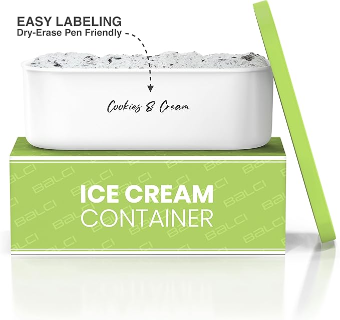 BALCI - Ice Cream Container - 2 Quart - Perfect Reusable Freezer Storage for Homemade Ice Cream Tubs for Sorbet, Frozen Yogurt and Gelato! - Flexible Silicone Lids, Long Scoop, Stackable - Green