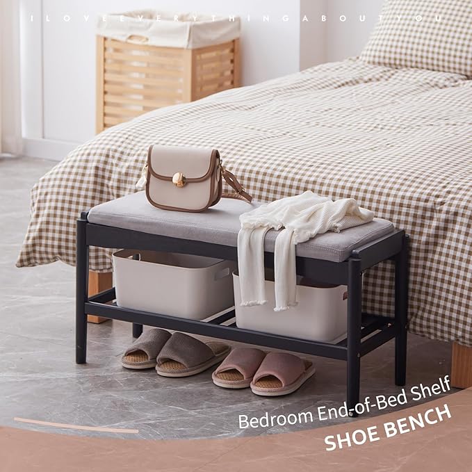 Shoe Bench Entryway Bamboo 2-Tier Shoe Rack with Cushion Padded Seat Shoe Bench Organizer Stable for Hallway, Living Room, Bedroom(31.5 * 11.4 * 16.5IN, Black-Gray)