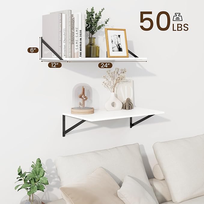 Fun Memories Floating Shelves for Wall, 12 Inch Deep Floating Shelves Set of 2, 24W x 12D Large Wall Shelf with Sturdy Metal Brackets for Living Room, Bathroom, Bedroom and Kitchen, White-NeatNest