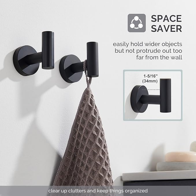 Angle Simple Matte Black Towel Hook 2 PCS, Stainless Steel Kitchen Bathroom Towel Holder, Round Coat Robe Hanger for Wall