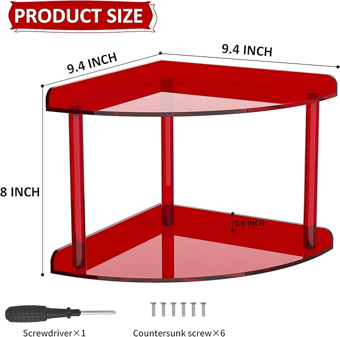 2 Tier Acrylic Corner Shelf Organizer Storage 9.5x9.5x8 Inch, Red Countertop Corner Shelf for Bathroom, Kitchen, Bedroom, Office, Study Room-NeatNest