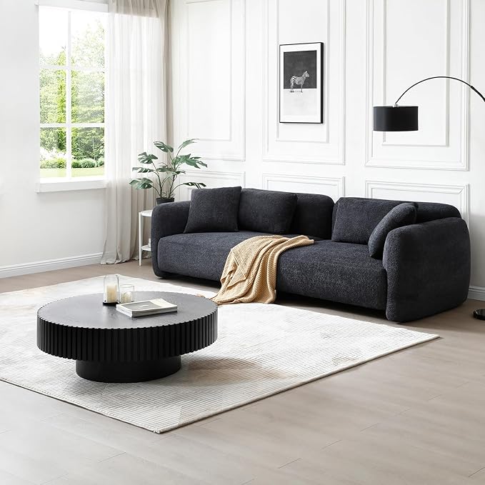 kevinplus 39.37'' Black Round Coffee Table for Living Room, Modern Wood Contemporary Circle Fluted Drum Style, Easy Assembly, Black (ø39.37'' x 13.42'')
