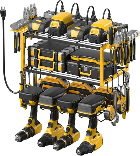 JUNNUJ Tool Organizer with Charging Station, 3 Layers Wall Mount Garage Tools Storage with 8 Outlets Power Strip, 4 Drills Holder Battery Heavy Duty Metal Shelf, Utility Rack with Hooks, Yellow