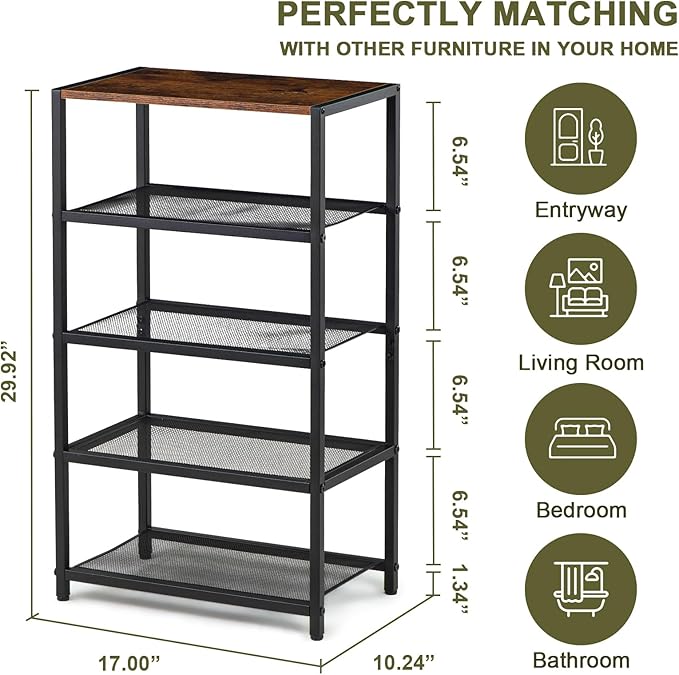 Shoe Rack, 5-Tier Narrow Shoe Shelf with Dense Metal Mesh, Durable Industrial Freestanding Shoe Rack for Front Door Entrance, Hallway, Entryway, Living Room (29.92" H Rustic)-NeatNest