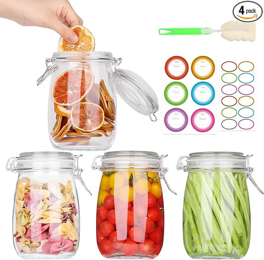 AuroTrends 32oz Glass Jars with Airtight Lid 4Pack, 960ML Large Kitchen Canisters with Leakproof Clamp Lids for Food, Flour, Pasta, Candy, Dog Treats, Snacks