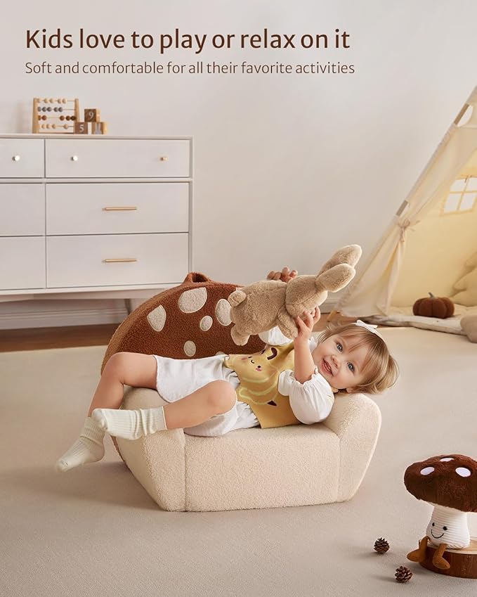Blissful Diary Toddler Chair Comfy, Foam Kids Chair with Soft Teddy Plush, Toddler Reading Armchair with Cute Mushroom Designs- Brown-NeatNest