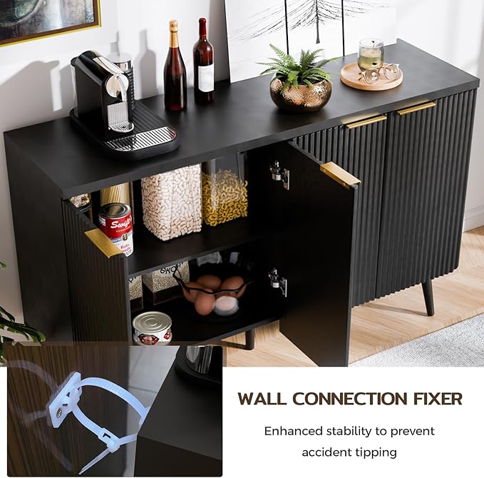 47.2" Sideboard Buffet Cabinet with Storage, Modern Fluted Accent Credenza with 4 Doors, Buffet Media Console Entryway Cabinets with Adjustable Shelves for Living Dining Room Hallway, Black-NeatNest