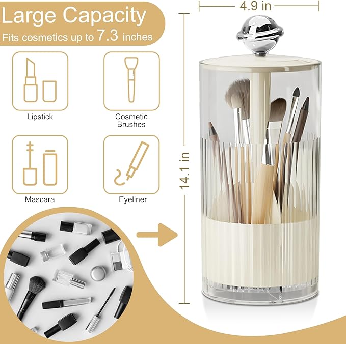 Makeup Brush Holder [Upgrade] with One Touch Open,Makeup Organizer Countertop with Dustproof Lid,Clear Makeup Organizers for Vanity, Desktop, Bathroom (White)-NeatNest