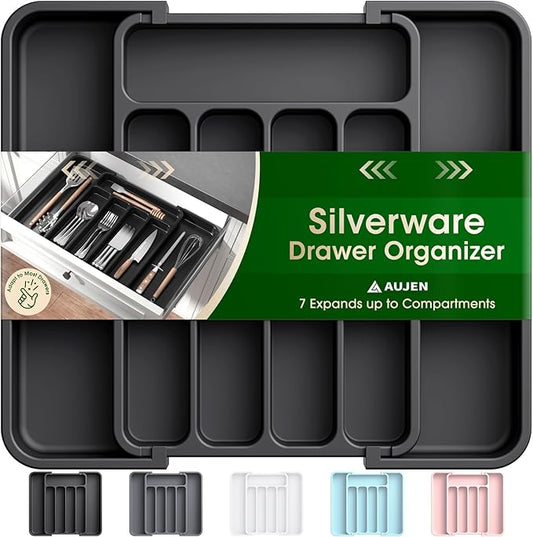 Aujen Silverware Organizer - Expandable Kitchen Drawer Organizer, Adjustable Utensil Organizer, Cutlery Tray for Forks, Knives, Multipurpose Kitchen Organizers and Storage Solution, Black, Medium-NeatNest