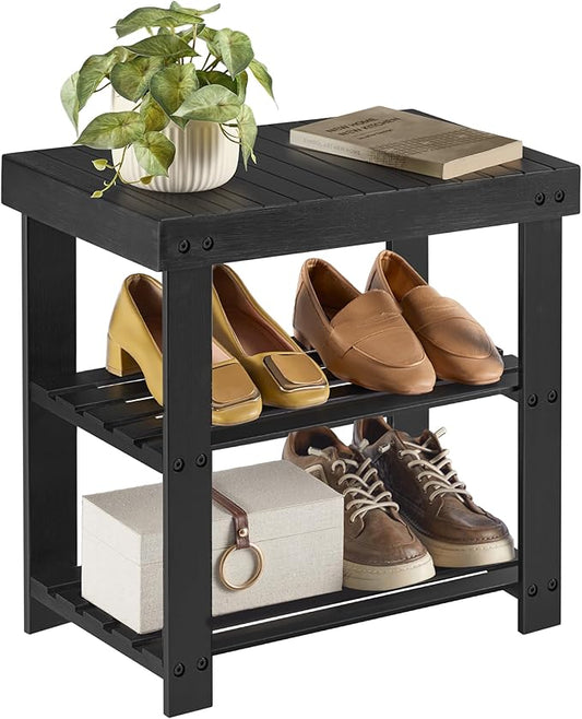SONGMICS Shoe Rack Bench, 3-Tier Bamboo Shoe Storage Organizer, Entryway Bench, Holds Up to 286 lb, 11.3 x 19.7 x 17.8 Inches, for Entryway Bathroom Bedroom, Ink Black ULBS001B01-NeatNest