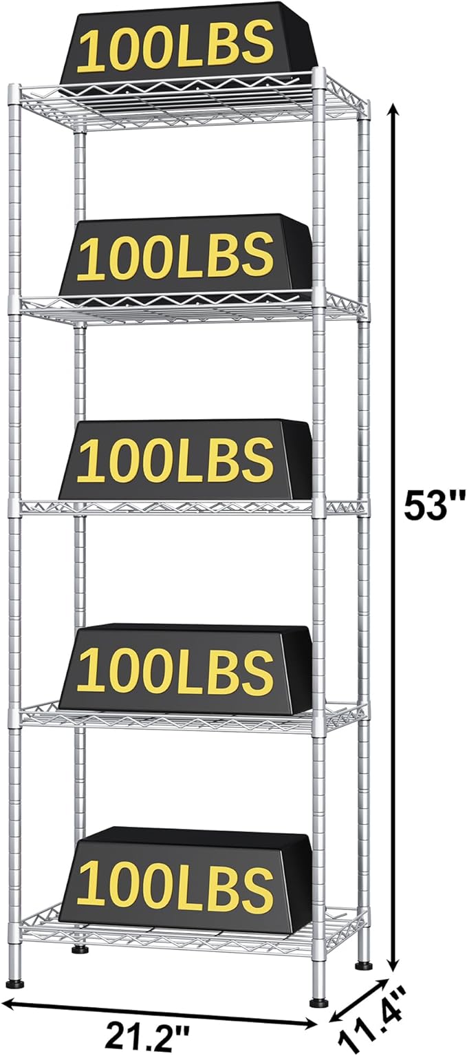 HOMEFORT 5-Shelving Unit, Adjustable Wire Shelving, Metal Wire Shelf Rack Organizer for Kitchen, Pantry, Closet, Bathroom, Laundry,Sliver,21" W x 11" D x 53" H