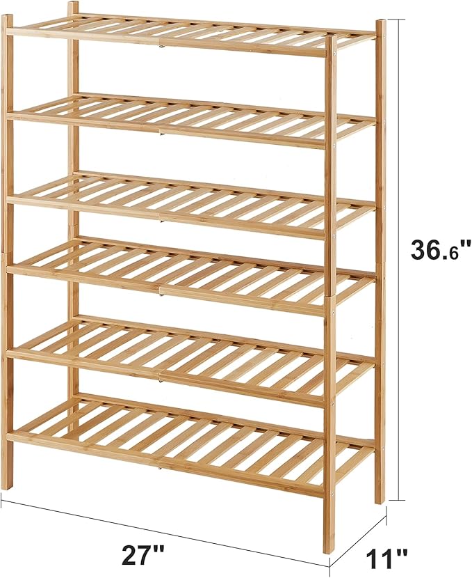 6-Tier Bamboo Shoe Rack for Entryway, Stackable | Foldable | Natural, Shoe Organizer for Hallway Closet, Free Standing Shoe Racks for Indoor Outdoor-NeatNest