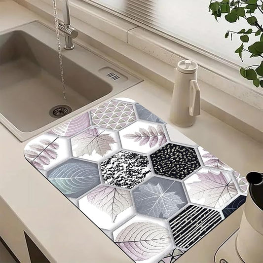 Hexagonal Printed Marble Dish Drying Mats Super Absorbent Dish Drainer Rack Pad Non-Slip Drying Mat for Kitchen Counter, 24"x16"